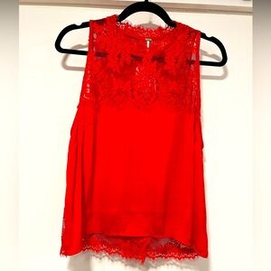 Free People Red lace silk top “Tide To You Top” women’s large New with tags